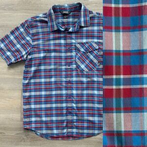 Outdoor Research Mens M Porter Blue Plaid Short Sleeve Button Up Hiking Outdoor